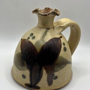 𝅺HANDTHROWN Art Pottery Vase Hand Painted Applied Handle Artist Signed 5” Boho